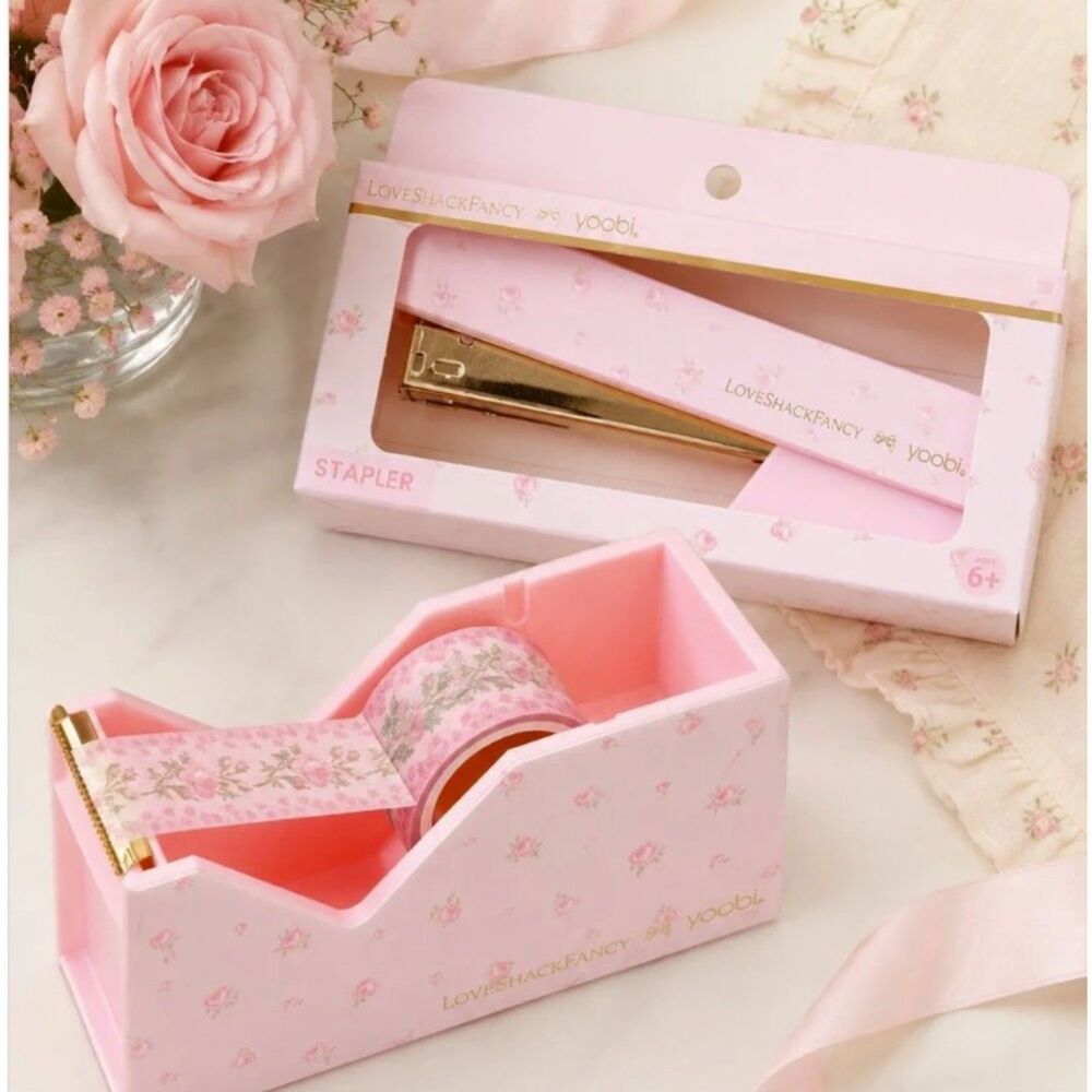NWT LoveShackFancy x Yoobi Pink Floral Desk Set Stapler + Tape Dispenser